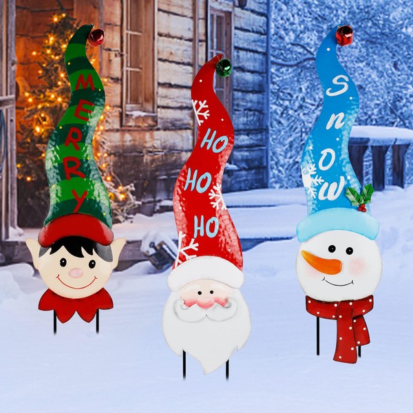 Hausse 3 Pack Christmas Garden Metal Stakes with Tinkle Bell, 32 Inch Metal Snowman, Santa Claus and Elf Xmas Yard Signs for Outdoor Decorations, Holiday New Year Home Decor for Lawn Pathway Patio