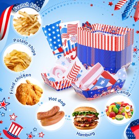 Independence Day Party Food Tray & Wax Paper Set - 150PCS Total - 50 Disposable Patriotic Food Trays + 100 USA Flag Deli Wax Paper Sheets - July 4th BBQ, Picnic, Holiday Party Supplies