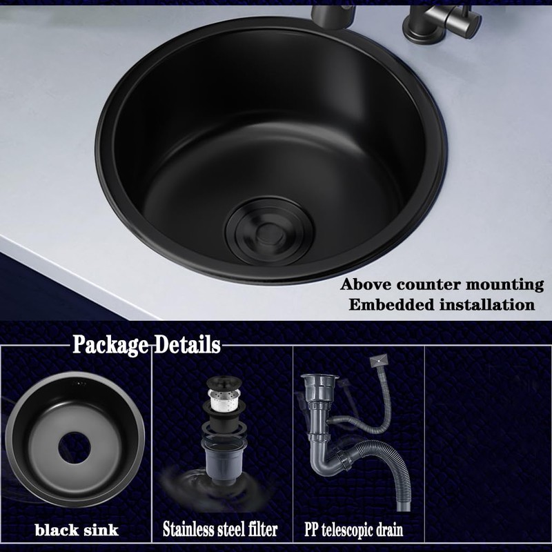 BIGYOUZI 12In Round Black Kitchen sink 304 Stainless Steel Countertop