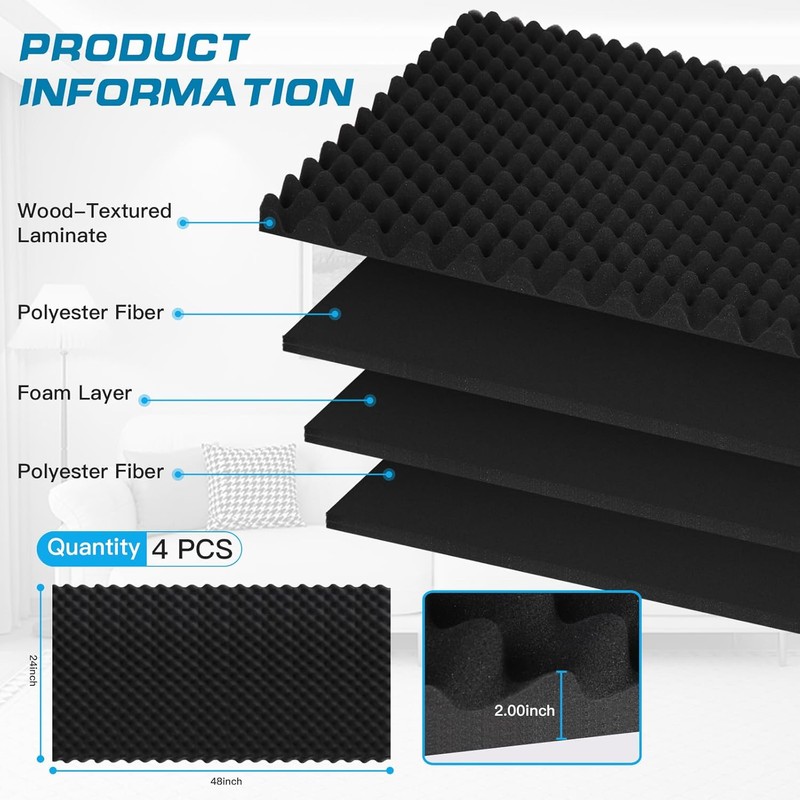 2 Pack Acoustic Panels, 48x24x2” Egg Crate Soundproof Foam Wall