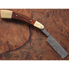 WHITE DEER Damascus Steel Straight Razor Camel Bone & Olive Wood Hand Shaving