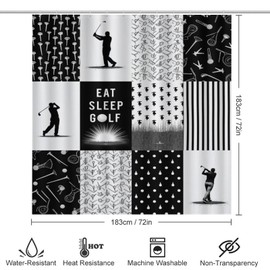 4PCS/Set Modern Golfer Golf Ball Patchwork Black Shower Curtain 72W X 72L, Abstract Stripe Pattern Printed Bathroom Decor, Shaped Mat Toilet Lid Cover and Non-Slip Rugs with 12 Hooks