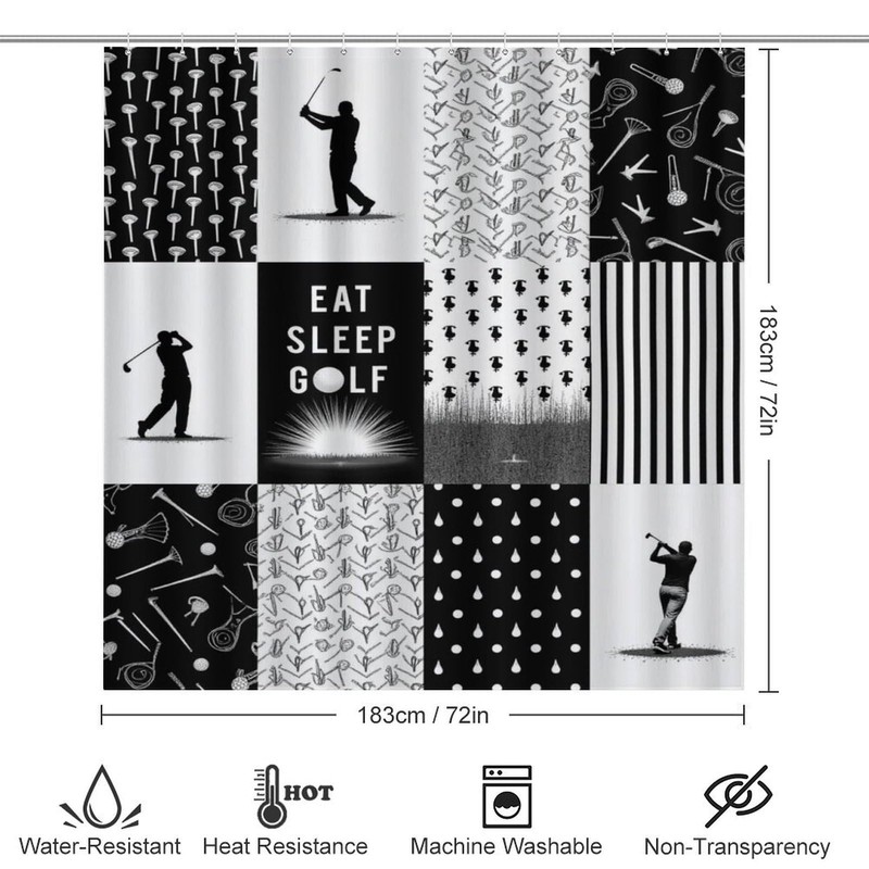 4PCS/Set Modern Golfer Golf Ball Patchwork Black Shower Curtain 72W