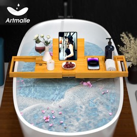 Bathtub Caddy Tray for Tub, Expandable Bamboo Bath Table Tray with Book Stand for Home Spa Relaxing, Foldable Minimalist Bathroom Accessories for Women Men - Color: Black（soap box）