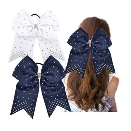 Large Big Glitter Sequin Cheer Bow Hair Ties Scrunchies Bands Ponytail Holders Elastics for Teen Girls Softball Cheerleader.(FS14) (White+Navy Blue)