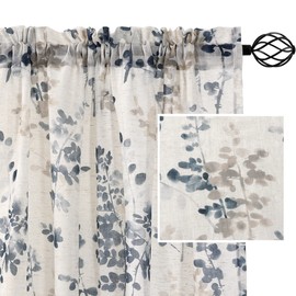 H.VERSAILTEX Linen Sheer Curtains for Living Room Curtains 63 Inches Long Light Filtering Rod Pocket Window Sheer Linen Curtains for Bedroom, 2 Panels, Classical Floral Printing Bluestone and Taupe