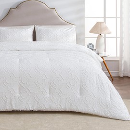 Andency White Floral Tufted Comforter Set Full(79x90Inch), 3 Pieces(1 Boho Comforter, 2 Pillowcases) Textured Farmhouse Comforter, Soft Microfiber Down Alternative Geometric Comforter Bedding Set