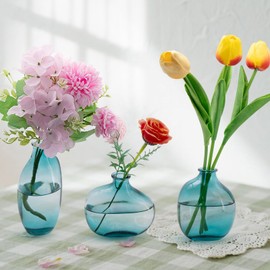 Blue Glass Bud Vases Set of 3,Small Mini Glass Vases for Flowers,Vintage Vases for Centerpieces,Flower Vase Bulk for Wedding,Table Decorations,Home Decor