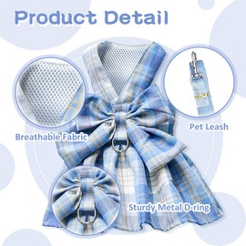 Aimondow Cute Dog Dress, Plaid Harness Leash Set for Small Dogs Cats, Spring Summer Girl Princess Dog Bow Tie Dresses, Puppy Outfits Yorkie Chihuahua Dog Clothes for Wedding Festive Everyday