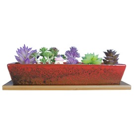 ARTKETTY Succulent Pots, 9.8 Inch Ceramic Succulent Planters with Drainage Small Bonsai Pot with Bamboo Tray, Mini Cactus Flower Planter Pot Shallow Rectangular Window Planters for Indoor Plants