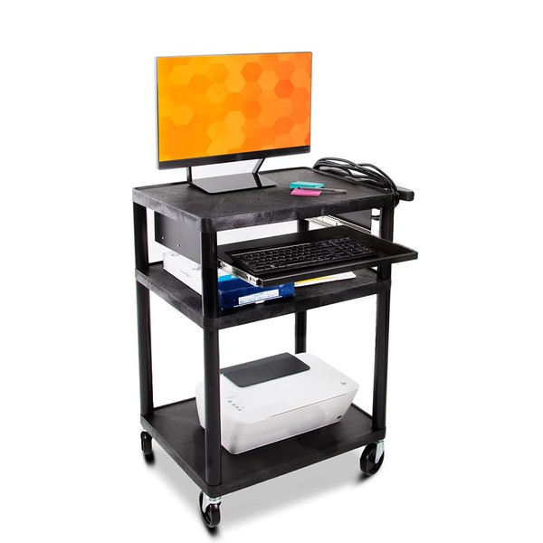 Line Leader Plastic AV Cart with Keyboard Tray Mobile Workstation with 4 Rolling Casters and 2 Locking Brakes Heavy Duty, Holds up to 75 lbs Perfect for Offices and Schools (Black / 24 x 18 x 34)