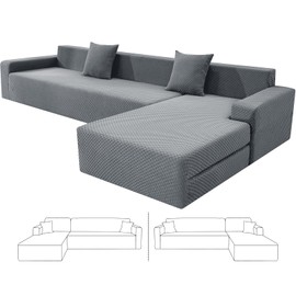 ZNSAYOTX Sectional Couch Covers, Stretch Jacquard Slipcovers with Elastic Bottom for L-Shape Sectional Sofa, 2 Pcs Pet Friendly Modular Sofa Protector (3 Seat Couch + 3 Seat Chaise, Light Grey)