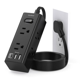 5Ft Extension Cord with Multiple Outlets, Flat Plug Power Strip Surge Protector with 5 Ft Long Cord, 6 Outlet 3 USB Ports (1 USB C), Multi Outlet Wall Plug for Travel, Dorm Room Essentials-Black
