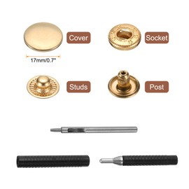 sourcing map 25 Set Leather Snap Fasteners Kit 17mm Metal Snap Button Press Studs Leather Rivets Snaps with 3 Setter Tools for Clothes Jackets Jeans Wears Bags, Gold
