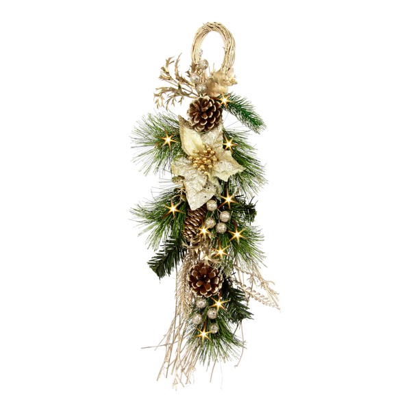 Hanging Christmas Decoration with Poinsettia Decorative Branches Cones LED Fairy Lights Christmas Tree Branches Hanging Wall Hanger Hanging Decoration Garland Wall Decoration Christmas Decoration