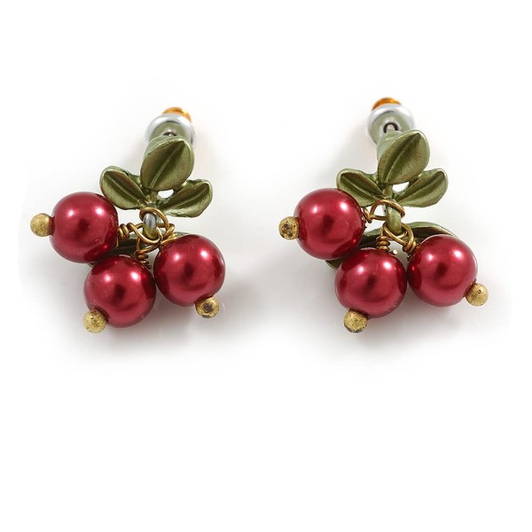Exquisite Red Berry Floral Olive Green Enamel Stud Earrings -