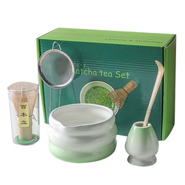 Zixrmor Premium Matcha Set with Powder - Matcha Bowl, Bamboo Whisk and Matcha Spoon Filter Spoon Matcha Set - Complete Matcha Tea Set for Traditional Japanese Tea Ceremony (Gradient Green)