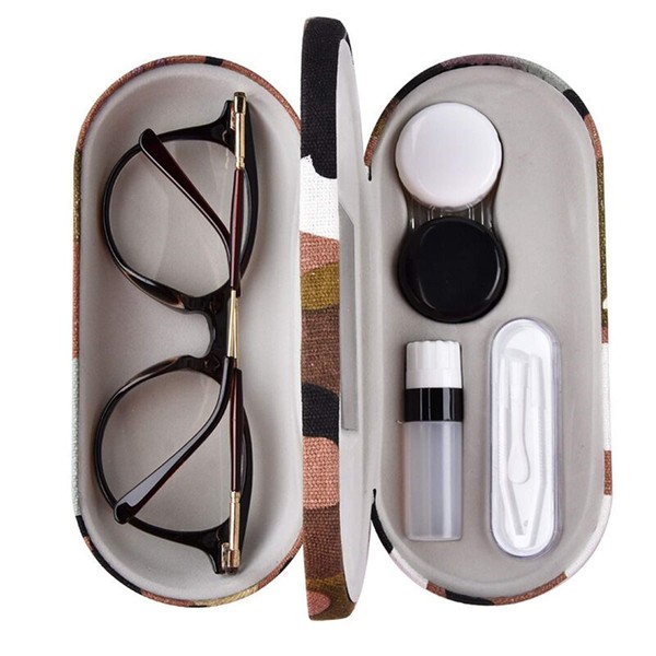 Camouflage 2 in 1 Double Sided Portable Contact Lens Case and Glasses Case,Dual Use Design with Built-in Mirror, Tweezer and Solution Bottle Included for Travel Kit