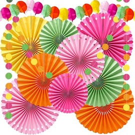 Syoulin Hawaii Party Decoration Set Made of Paper, Rainbow Paper Fan with Hawaiian Garland, 11-Piece Summer Decoration for Garden Party, Pool Party, Birthday, Luau Summer Festival, Indoor and Outdoor