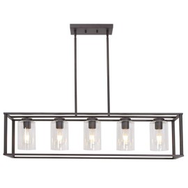 VINLUZ 5-Light Kitchen Island Chandeliers Oil Rubbed Bronze Modern Linear Cage Pendant Lighting with Clear Glass Shades Farmhouse Ceiling Light Fixtures Hanging for Dining Room Living Room