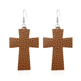 JDONL Large Cross Dangle Earrings for Women Wave Point Leather Earrings Vintage Religious Jewelry Gifts (Brown)