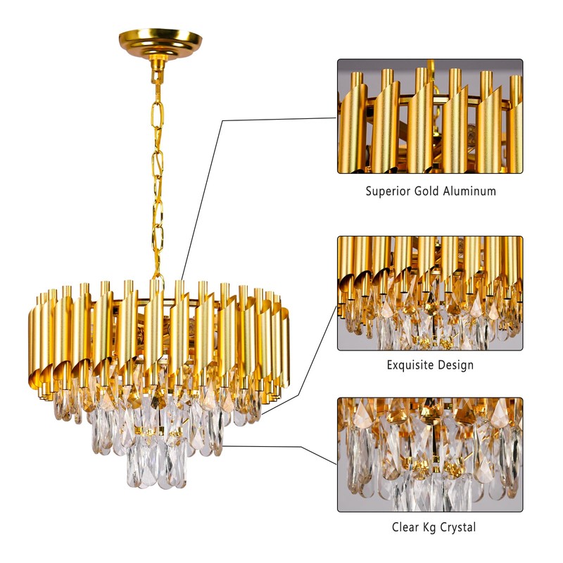 FRIXCHUR 16-Inch Modern Gold Crystal Chandelier, Ceiling Light Fixture, Adjustable