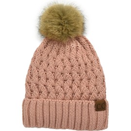 C.C Women’s Winter Cable Fleece Lining Ribbed Beanie Braided Knit Crossover Stitch Chunky Fur Pom Pom Soft Warm Hat (Indie Pink)
