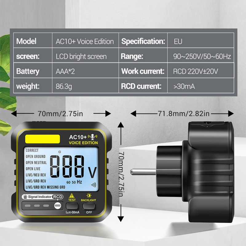 Socket Tester 10A 16A Universal Outlet Detector LCD Backlit Display