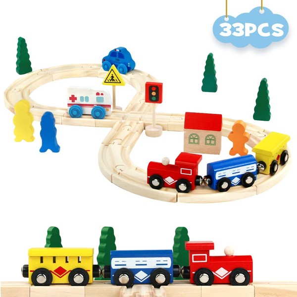 Wooden Train Set Wooden Toys Train Track 33 Pcs Compatible Train Sets Car Kids Toys Birthday Toys for 3 4 5 Year Old Boys Girls