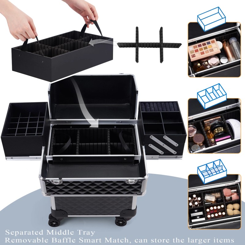 Rolling Makeup Case on Wheels 4 Tray Cosmetic Trolley with