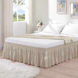 RIMELA Bed Skirting Queen Size Light Beige Bed Skirt 15 Inch Drop, Wrap Around Elastic Adjustable Bedskirt, Dust Ruffle for Bed Frame & Box Spring Soft Durable Fabric Machine Washable Easy to Install