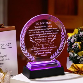 Boss Gifts for Men Women with Colorful LED Base Best Going Away Retirement Appreciation Gift for Mentor Leader Crystal Plaque Thank You Farewell Gifts on Boss Day Birthday Christmas
