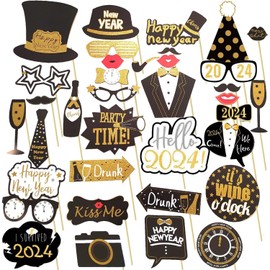 New Years Photo Booth Props,New Years Eve Photo Backdrop,Champagne Bottle Clock Wine Glasses Cutouts,New Years Eve Photo Booth Props 2024 for New Years Eve Party Supplies 2024, NYE Decorations 2024