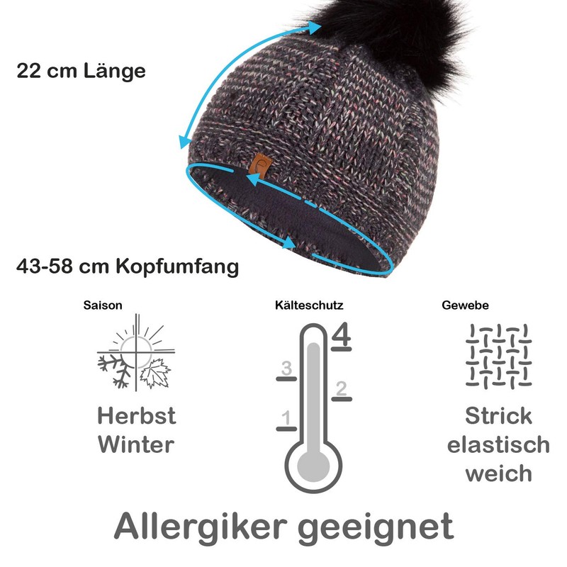 Faera Winter Hat Coloured Yarn Lined with Faux Fur Bobble