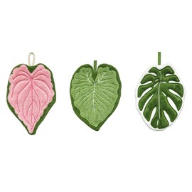 HJUHBDJ 3-Pack Leaf Shaped Hanging Kitchen Towels, Cute Coral Fleece Tropical Plant Hand Towel Set for Bathroom and Living Room Decor, Absorbent (Green, Pink, White)