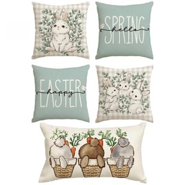 Happy Easter Pillow Covers - 18x18 Inch Buffalo Plaid Rabbit & Eucalyptus Leaves Spring Theme Set of 2, Plus 12x20 Inch Rabbit Lumbar Cushion Case - Double-Sided Print for Sofa Couch Home Decor
