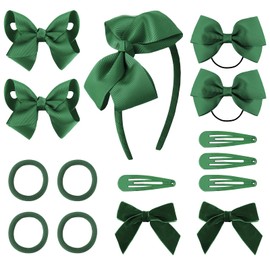 DRESHOW Pack of 15 Girls School Hair Accessories Set Bow Hair Clips, Headband, Ponytail Holder, Elastic Bands for Girls, Toddlers, Birthday Gift, 15 Pieces 93-Green