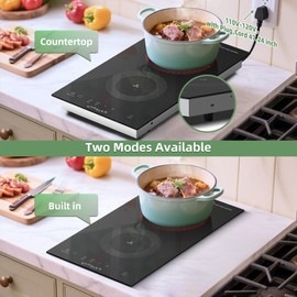 Electric Cooktop 2 Burners 110V~120V, 12'' Plug in Electric Stove Top,Countertop or Built-in,Ceramic Glass,Sensor Touch Control,Timer,9 Power Levels,Portable,1800W