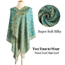 Nonakgado Pashmina Scarf for Women-Two Tone Teal Paisley Pashmina Shawls and Wraps for Evening Dresses(Sy2-Teal)