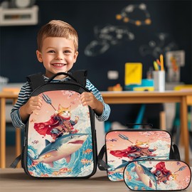 Funny Cat Backpack Set for Boys Girls 3PCS Cool Shark School Bag with Lunch Box Pencil Case Kids Backpacks Toddler Elementary Bookbag 16 Inch