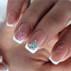 White French Tip Press on Nails Medium Square Fake Nails with Butterfly Lines Design Acrylic Nails Press ons White Nail Tips Full Cover Artificial Cute Glue on Nails for Women Girls 24Pcs
