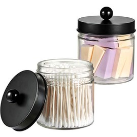 Bathroom Vanity Glass Storage Organizer Holder Canister Apothecary Jars for Cotton Swabs, Rounds, Balls, Qtips,Makeup Sponges, Flossers,Bath Salts - 2 Pack, Clear (Black)