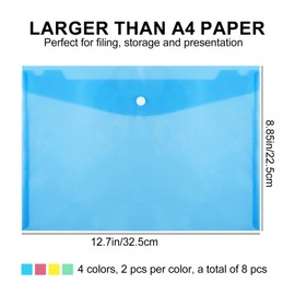 Pack of 8 Transparent Document Folders, Document Pockets, A4 Filing, A4 Filing Folders for Filing, Document Folders, Wallet Bag with Press Stud for Document Organising