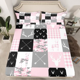 Deer Silhouette Fitted Sheet Queen Size,Camo Western Rustic Farmhouse Xmas Bedding 3pcs for Kids Teens Home Room Decor,Antlers Arrow Geometric Bed Cover,Pink Sweet Bed Sheet,2 Pillowcases