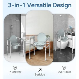 HOMLAND 3-in-1 Bedside Commode Chair with Sturdy Dual-Crossbar Support Construction, Stable Portable Commode Toilet with 7.5Qt Potty Bucket, 350 Lbs Bedside Commodes for Seniors, Silver