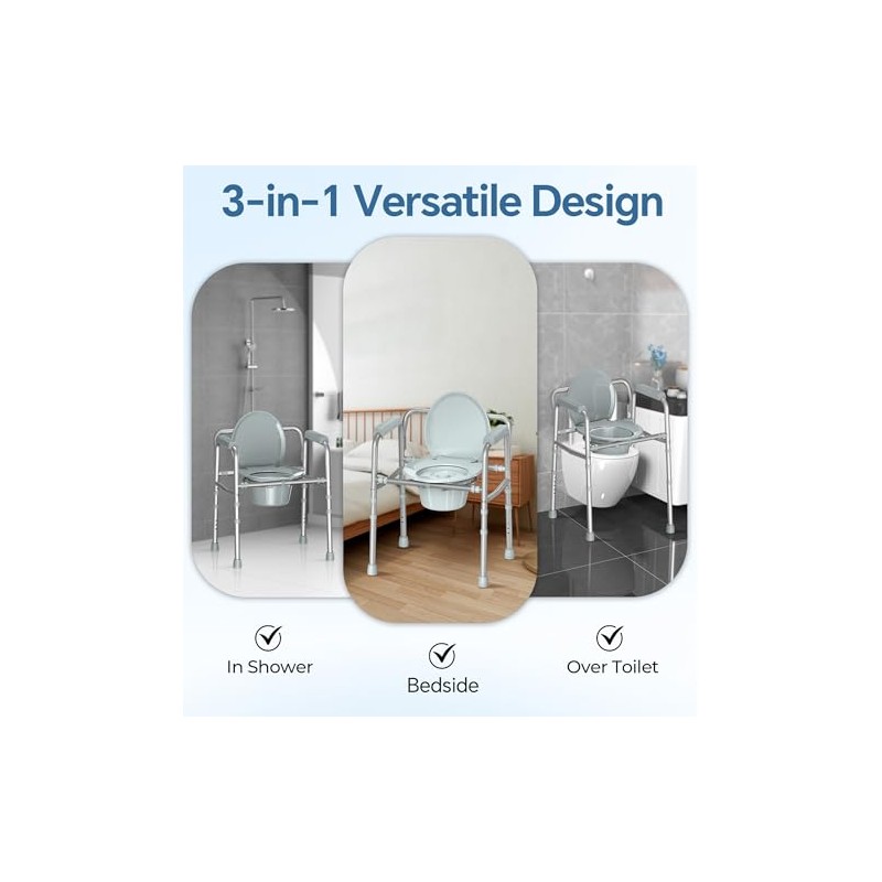 HOMLAND 3-in-1 Bedside Commode Chair with Sturdy Dual-Crossbar Support Construction,