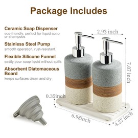 Cormomu Ceramic Soap Dispenser Set(2 Pack) – Hand Soap, Dish Soap, Shampoo & Shower Soap Dispenser for Bathroom & Kitchen, Stainless Steel Pump, Includes Silicone Funnel & Diatomaceous Tray, Gray