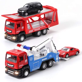 Winrayk 4Pcs Tow Truck Toys & Transport Vehicles Set, Pull Back Toy Trucks with Light and Sound, 1:50 Scale Metal Diecast Trailer Toys & 2 Mini Cars, Boys Kids Birthday Gifts Age 3 4 5 6 7 8 Years Old
