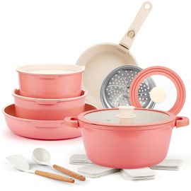 IKTU Ceramic Pots and Pans Set Non Stick Pink, 19 Pcs Nonstick Cookware Set with Detachable Handle RV Camping Induction Kitchen Cookware Set Non Stick, PFAS PFOA & PTFE Free