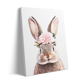 Easter Canvas Wall Art Decor Frame Painting - Bunny with Floral Crown, Spring Rabbit Portrait Canvas Prints, Cute Farmhouse Animal Print for Bedroom Nursery Kids Room Office 20X24 inch